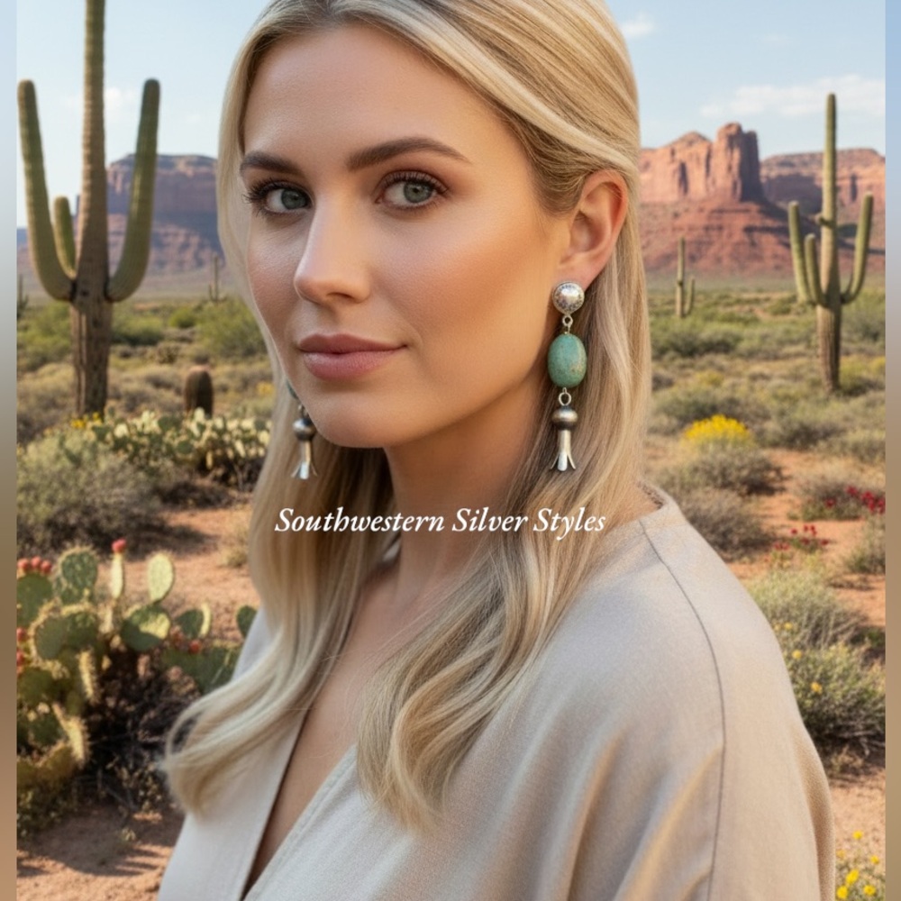 Southwestern Green Turquoise Sterling Silver Squash Blossom Pendant Earrings
